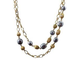 Avon Gray Faux Pearl and Fluted Beads Gold Tone Chain 36 inch Station Necklace